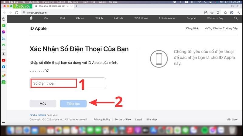 Nhập số điện thoại > Chọn Tiếp tục Nhập số điện thoại > Chọn Tiếp tục