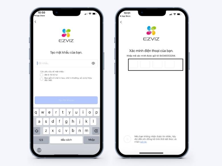 nhập mật khẩu và mã xác minh trên ứng dụng ezviz